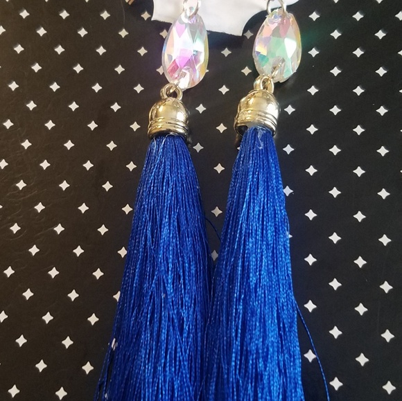 Royal Blue Long Tassel Dangle Earrings - Picture 1 of 3